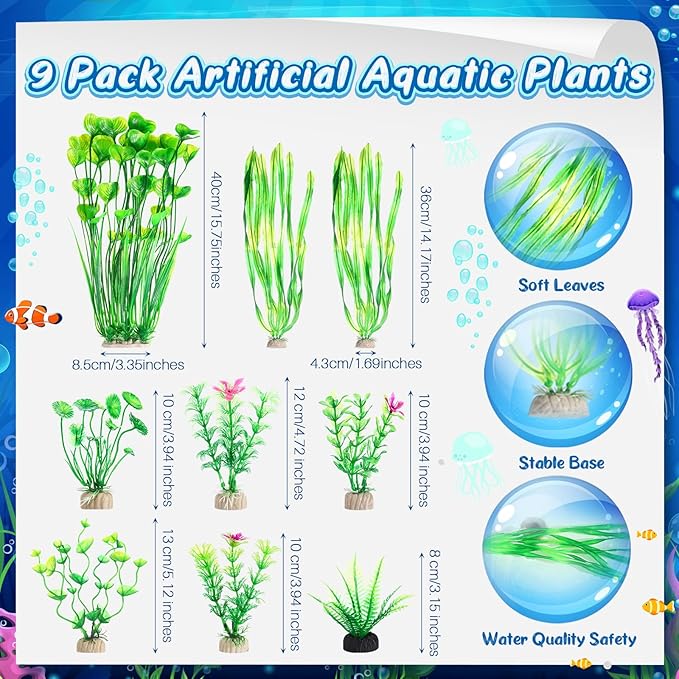 Zeyune 15 Pcs Fish Tank Decorations Mountain Ornament Broken Barrel Sunken Ship Artificial Seaweed Water Plants Colorful Coral Reef for Fish Bowl Aquarium Decor (Green)