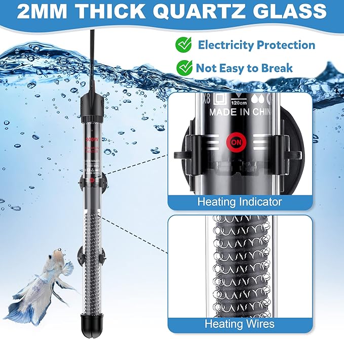 Dreyoo 2 Set 300W Submersible Aquarium Heater, Adjustable Aquarium Fish Tank Heater with 4 Thermometers Stickers and Suckers, Adjustable Knob Thermostat for Marine Saltwater and Freshwater