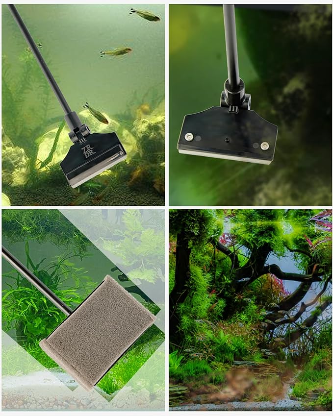 Stainless Steel Algae Scraper Aquarium Cleaning Tool for Glass Aquariums, Including Algae Scraper, Sponge Pad, Fish Net, Cleaning Brush, Adjustable Length, Durable, Does Not Hurt The Fish Tank