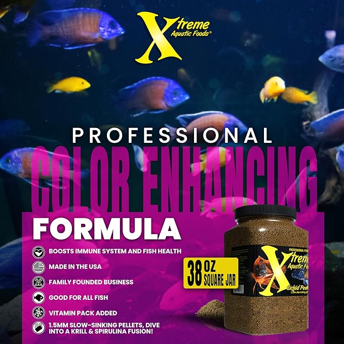 Xtreme Cichlid Peewee 1.5 mm Pellets - Proven Nutrition for Cichlids - Balanced Amino Acids, Boost Immune & Digestive Health, Color & Energy, Max Protein Freshwater Fish Food – USA Farm Grown (38oz)