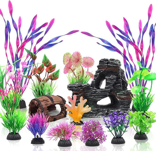 QUOZUO 15 Pcs Aquarium Artificial Plastic Plants Decorations and Resin Barrel and Coral Rock Cave Set, Fish Tank Accessories Hideout Ornaments Aquarium Decor Set