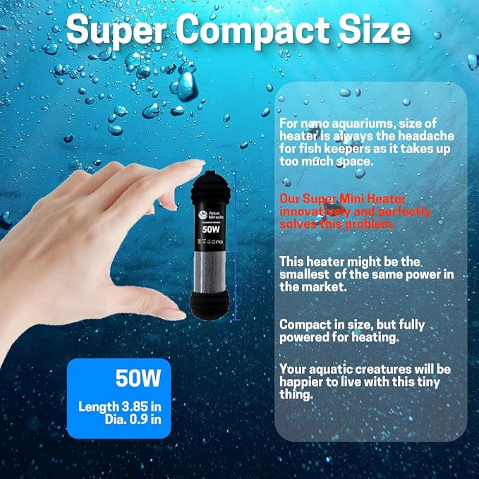 AquaMiracle Upgraded 50W Small Aquarium Heater Fish Tank Heater Turtle Heater Super Mini Aquarium Heater, Dry-Run/Overheating Protection and Memory Function, Dual LED Display, for 5-10 Gal Tanks