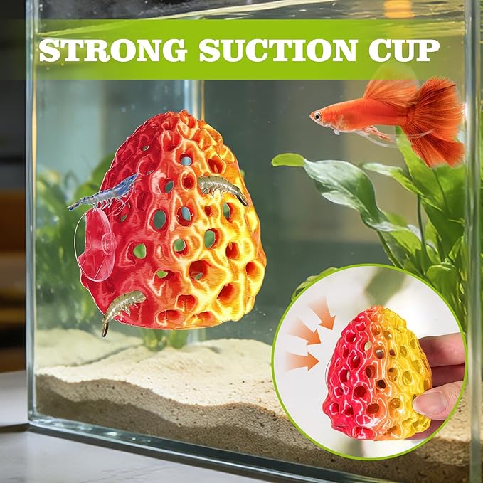 Shrimp Dome Hide, Shrimp Hides for Aquarium, Betta Fish Hideout with Suction Cup, Betta Habitat Tank Ornament Accessories, Aquarium Decor for Small Fish Guppy Hiding Resting (Gold Red)