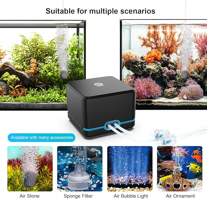 FZONE Aquarium Air Pump, Ultra Quiet Fish Tank Aerator Pump with Stainless Steel Dual Outlets, Adjustable Powerful Oxygen Pump with Air Stones for Freshwater and Saltwater Aquariums