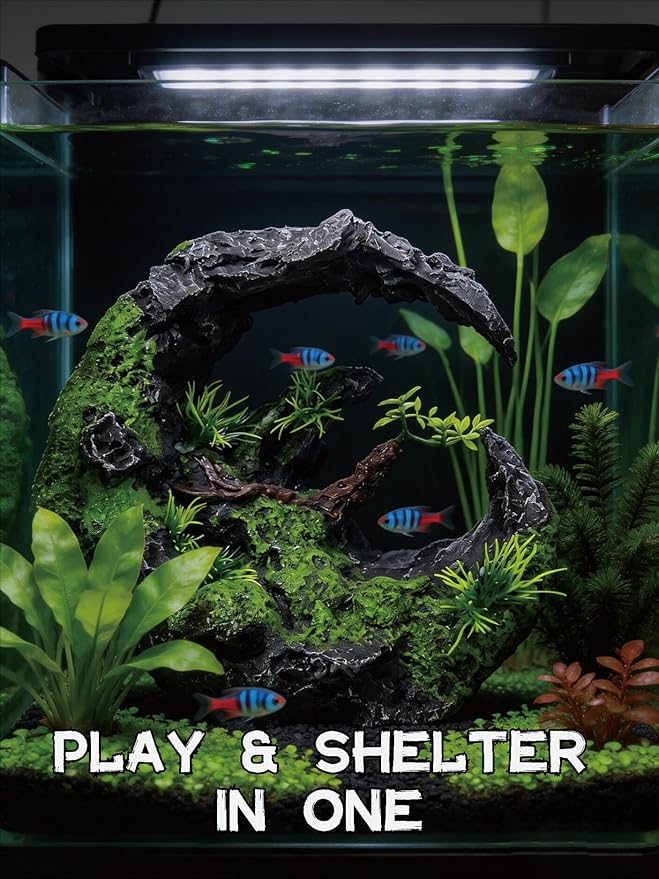 Aquarium Decor - Large Moon Shaped Cave Ornament for Fish Tank, Aquarium Hideout with Rock Texture for Betta, Goldfish, Shrimp - Safe Aquatic Decorations,Easy Superior Aquascape (Moon Valley)
