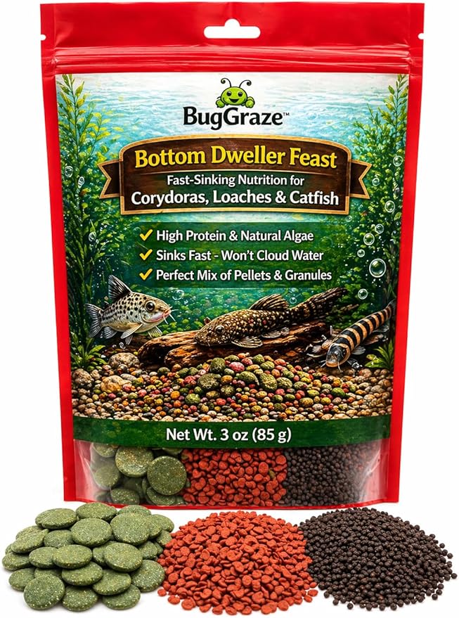 BugGraze Bottom Dweller Feast 3-in-1 Sinking Pellets, Wafers & Granules for Corydoras, Plecos & Loaches – Complete Aquarium Fish Diet – Clean Feeding, High Protein & Algae Blend – 3 oz