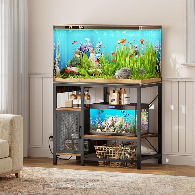 MAHANCRIS 40-50 Gallon Fish Tank Stand, Aquarium Stand with Power Outlet and Storage Cabinet, Heavy Duty Tank Stand Suitable for Turtle Tank, Reptile Terrarium, for Home Office, Rustic Brown FTHR50E01