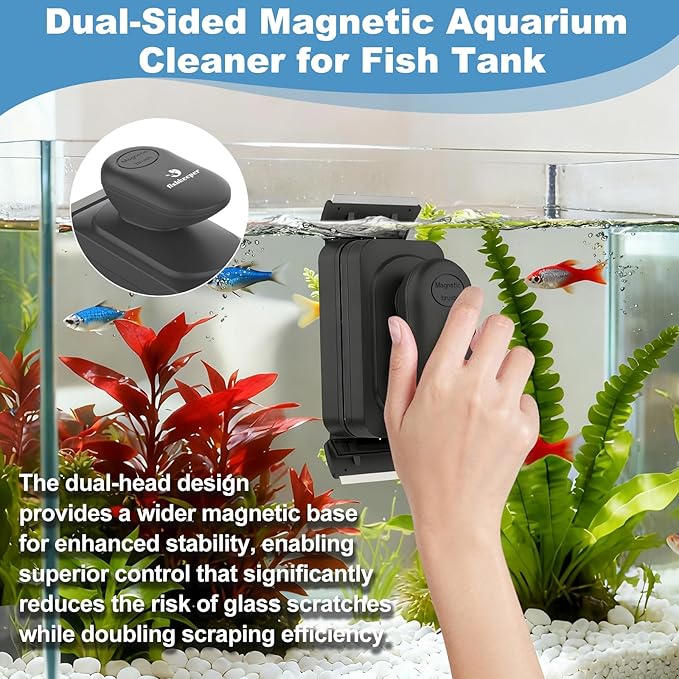 fishkeeper Magnetic Aquarium Glass Cleaner, Dual-Blades Algae Fish Tank Glass Cleaner Brush for 0.2-0.4 Inch Thick Glass Aquariums Tank, Self-Floating Scrubber Brush with 4 Detachable Scraper (M)