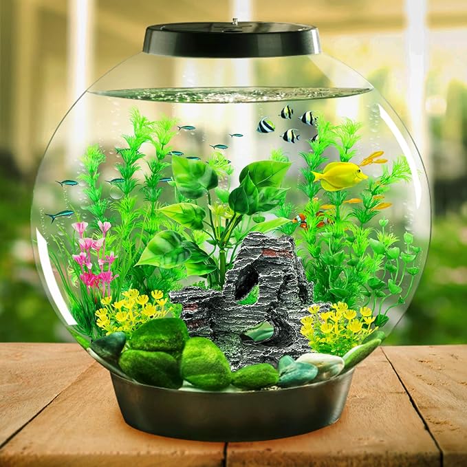 QUOZUO Fish Tank Accessories Artificial Plants, 9pcs Green Aquarium Decorations Plants and Cave Rock Decor Set, Aquarium Decor Plastic Plants