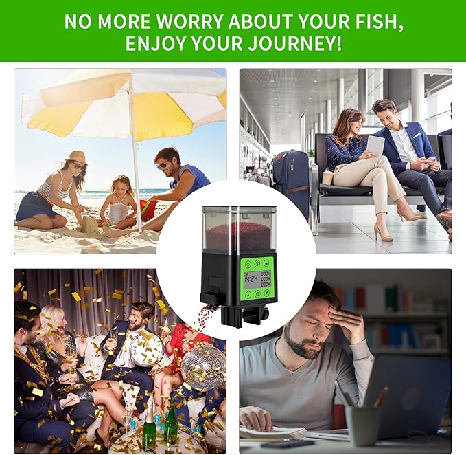 Podazz Automatic Fish Feeder for Aquarium with Timer, LCD Display 320ML Large Capacity Adjustable Fish Dispenser, Operated Feeders for Goldfish, Turtle for Vacation, Weekend or Daily Use(Green)