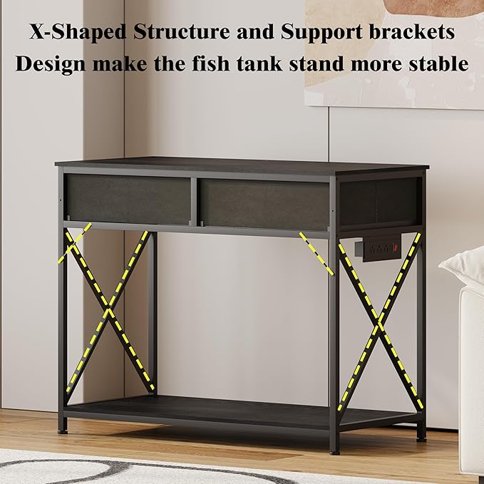 40-50 Gallon Fish Tank Stand，Aquarium Holder with Power Outlet and 2 Drawers，Heavy Duty Breeder Turtle Terrarium Stand Suitable for Turtle Tank, Reptile Terrarium, for Home Office (Black)