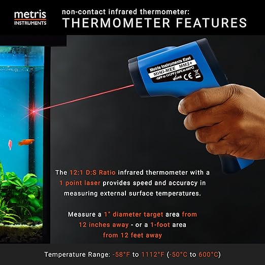 Metris Digital Infrared Thermometer for Aquarium Fish Tank, Reptile, Snake, Terrarium Accessories, Automotive, Laser Temperature Gun with 1-Point Aiming, MMM-2