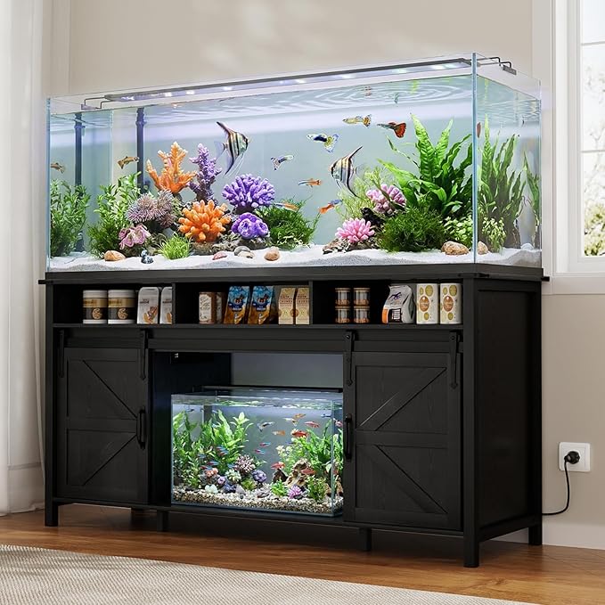 VOWNER 75-120 Gallon Fish Tank Stand with Power Outlet, Farmhouse Aquarium Stand with Storage Cabinet & Sliding Barn Doors, Heavy Duty Reptile Tank Stand, for 2 Tanks, 1000LBS Capacity, Black