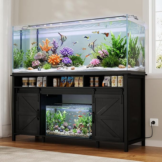 VOWNER 75-120 Gallon Fish Tank Stand with Power Outlet, Farmhouse Aquarium Stand with Storage Cabinet & Sliding Barn Doors, Heavy Duty Reptile Tank Stand, for 2 Tanks, 1000LBS Capacity, Black
