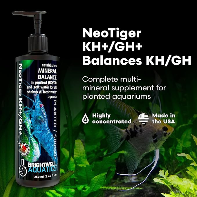 Brightwell Aquatics NeoTiger KH+/GH+ Mineral Supplement Balances Hardness in RO/DI Water with Calcium Magnesium Potassium Sodium for Shrimp Fish Planted Aquariums, 500 ml