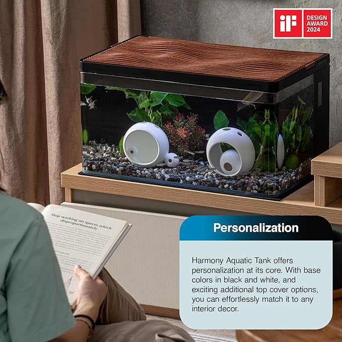 Harmony Deluxe 8 Gallon All-in-One Aquarium Kit, Award-Winning Fish Tank with Lid, Integrated Filtration, LED Light, Low-Iron Glass, Black Tank with Black Top