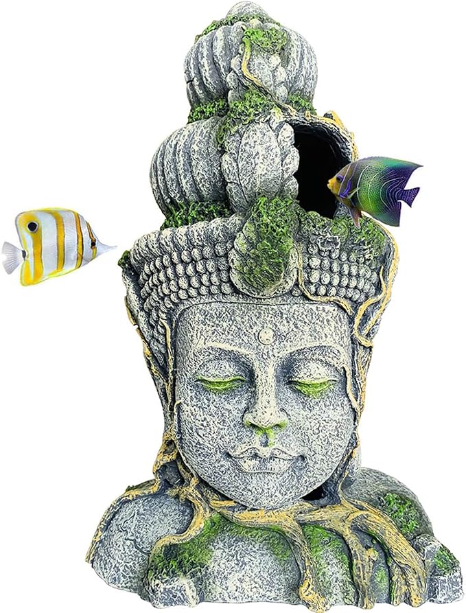 Hamiledyi Buddha Head Statue Aquarium Decorations Resin Fish Hideout Betta Cave for Large Fish Tank Ornaments Betta Sleep Rest Hide Play Breed(Large Size)