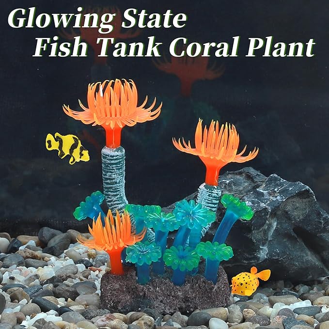 Aquarium Coral, Luminous Fish Tank Ornaments, Silicone Aquarium Plants, Fish Tank Coral, Fake Coral for Fish Landscape Decoration Aquarium Ornaments, Orange Green