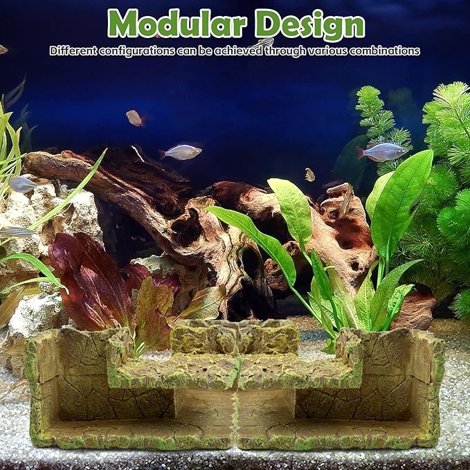 kathson Aquarium Hideaway Cave Underground Tunnel Hideout Wood-Like Fish Tank Cave for Corners View Fish in Aquarium Decoration with 2PCS Plastic Aquatic Plants for Betta Shrimp Guppy Hide