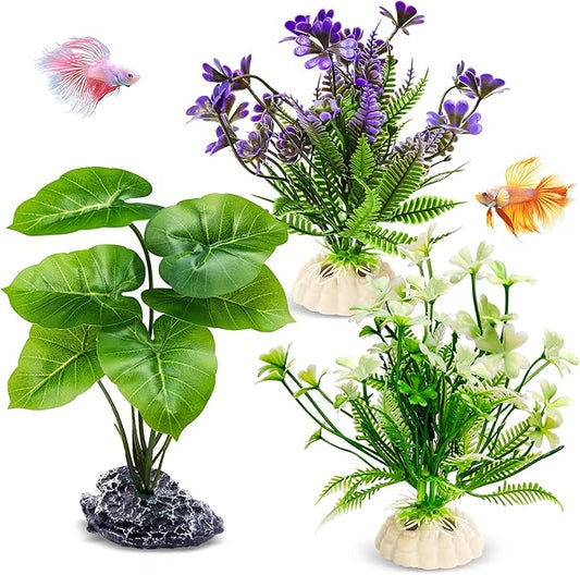 GOZILLA Fish Tank Plants, Reptile Artificial Plastic Plants, Reptile Plants for Terrarium, Aquarium Decorations Resin Pedestal Ornaments for Fish Tank Accessories Set.(3PCS/B-Set)
