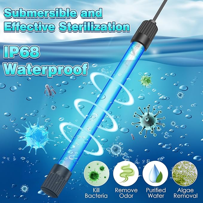 Qualirey 11W Aquarium UV Light for Fish Tank, UVC Light Fish Tank for Aquarium Algae Control, Submersible Waterproof UV Lamp with Timer and Hood for Pond Sump Swimming Pool