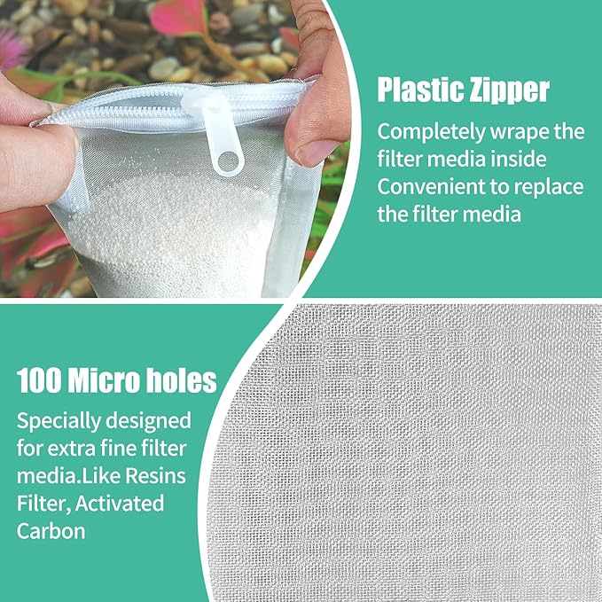 AQUANEAT Aquarium Filter Media Bags 15pcs Fish Tank Extra Fine 100 Micron Mesh Bags with Plastic Zipper for Activated Carbon (3" x 8")