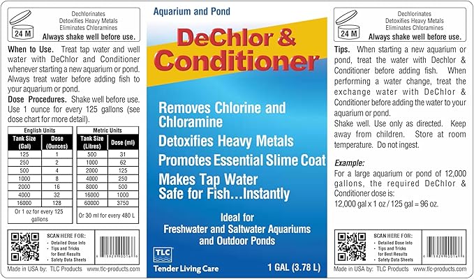 TLC Products, DeChlor & Conditioner, Aquarium Water Treatment, for Freshwater and Saltwater, 1 Gallon
