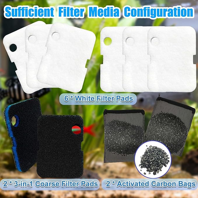 PurifyLogix 10PCS Replacement Filter Kit for Cascade 700/1000 CCF2UL/CCF3UL Aquarium Floss Media, 2 Upgraded Carbon-Coarse-Activated Carbon Filter Pads, 6 White Floss, 2 Activated Carbon Bags
