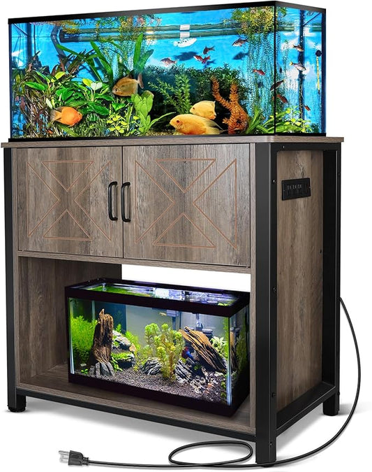 Beuruku 40 Gallon Aquarium Stand with Cabinet & Power Outlets, Heavy Duty Metal Stand for 40-50 Gallon Breeder & Turtle Tanks, Double Terrarium Stand, 660LBS Capacity, Grey