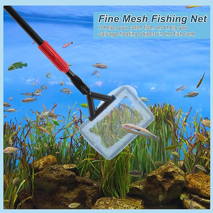 Fish Tank Cleaning Tools, 6 in 1 Fish Tank Cleaning Tools, Aquarium Cleaning Kit, Adjustable Telescopic Long Handle, with Scraper, Fish Net, Gravel Rake, Sponge Brush