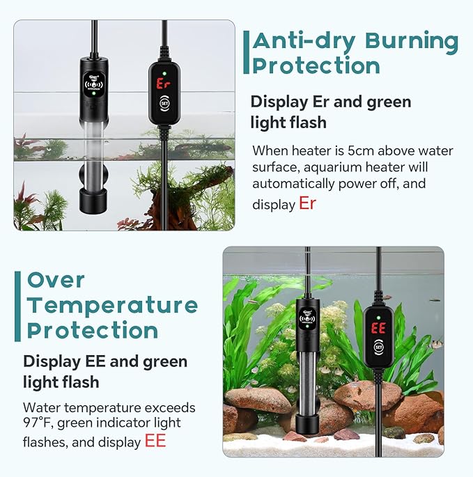 hygger 300W Submersible Aquarium Heater with Digital Temperature Controller, Mini Fish Tank Heater for 40–80 Gallon Tanks, Overheat & Out-of-Water Protection, Freshwater & Saltwater