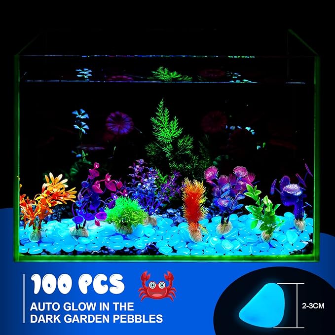 Jexine 100 Pcs Fish Tank Rocks Glow Blue, Fish Tank Stones Accessories Gravel with 10 Pack Artificial Aquatic Plants Coral Reef Decorations for Aquariums