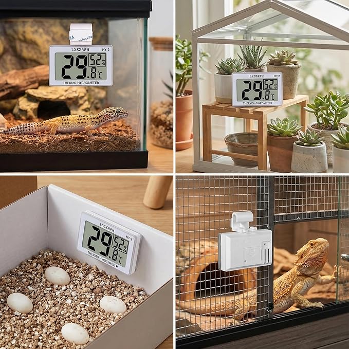 Reptile Hygrometer Thermometer, Digital Amphibian Hygrometer Thermometer with Hook Temperature Humidity Meter Gauge for Reptile Tanks, Terrariums, Vivarium, LCD Display 1pack