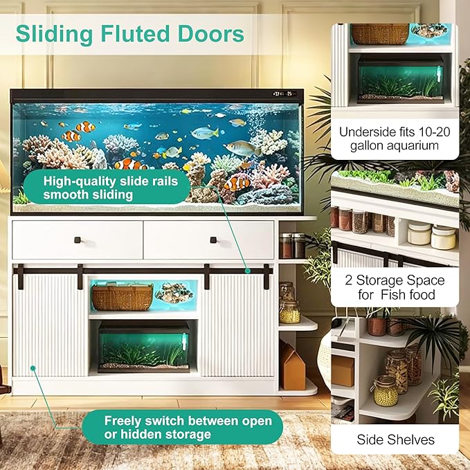 55-75 Gallon Fish Tank Stand with LED Light & Power Outlet, 55.1" Heavy Duty Aquarium Stand with Sliding Fluted Doors, Shelves and Cabinets for Turtle Tank/Reptile Terrarium, 1200LBS Capacity, White