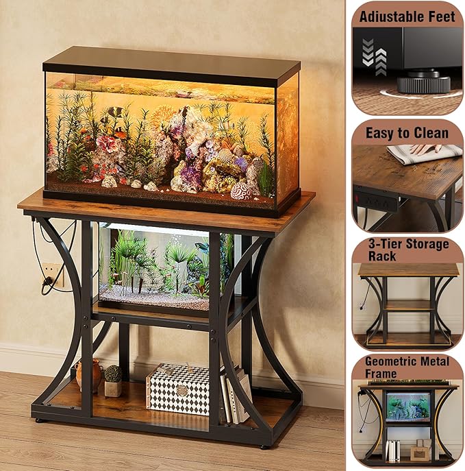 50 Gallon Aquarium Stand with Power Outlets Fish Tank Stand with 3-Tier Storage Shelves Display Stand for Turtle Tank Shelves Metal Frame Stand for Living Room Office Entryway,Brown