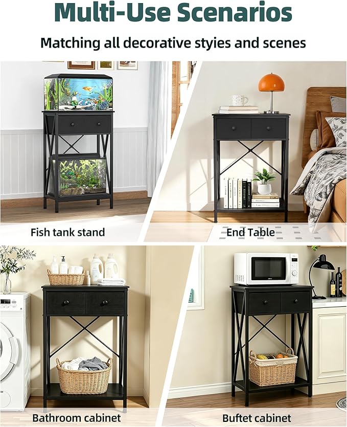 Fish Tank Stand for 5-10 Gallon Fish Tank: Aquarium Stand with Accessories - Metal 10 Gallon Tank Stand with Cabinet Drawer Storage for Turtle Tank, Reptile Terrarium (Black, 220LBS Capacity)