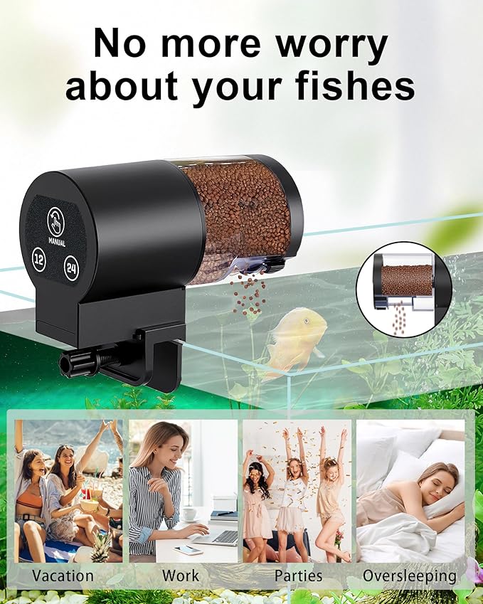 Automatic Fish Feeder for Aquarium, Helps Keep Fish Fed While You’re Away, Large 100ml Capacity with Adjustable Feeding Timer, Battery Operated Auto Feeder for Flakes and Pellets (Black)