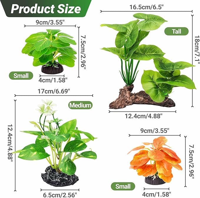 GOZILLA Fish Tank Plants, Reptile Artificial Plastic Plants, Reptile Plants for Terrarium, Aquarium Decorations Resin Pedestal Ornaments for Fish Tank Accessories Set.(5PCS/B-Set)