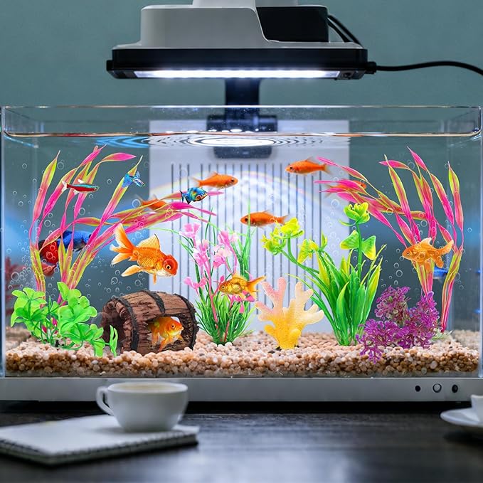 QUOZUO Small Fish Broken Barrel Decor Fish Tank Decorations Aquarium Accessories Plants Plastic Resin Barrel and Coral Hideout Ornaments Aquarium Decor Set 8 Pieces