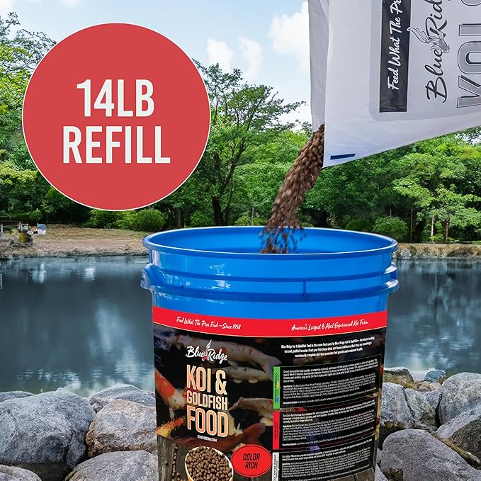 Blue Ridge Koi Fish Food 14lb Bucket Refill - Color Rich Formula Goldfish Food, Ponds Fish Food, Floating Pellets