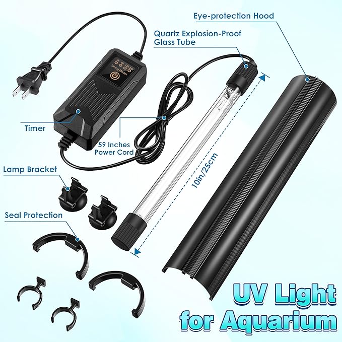 Qualirey 11W Aquarium UV Light for Fish Tank, UVC Light Fish Tank for Aquarium Algae Control, Submersible Waterproof UV Lamp with Timer and Hood for Pond Sump Swimming Pool
