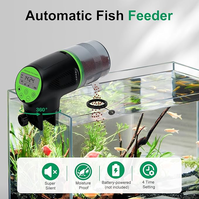 Lychee Automatic Fish Feeder for Aquarium-200ml Timed Dry Fish Food Vacation Feeder with Two Feeding Rings-Moisture-Proof LCD Display for Tank Pond