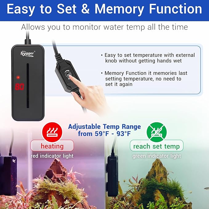 hygger Small Submersible Aquarium Heater 50W Mini Betta Fish Tank Heater with LED Display Adjustable Temperature for 5-10 Gallon Freshwater Saltwater Coral Reef Tanks