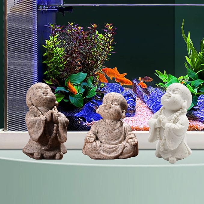 3 Pack Aquarium Ornaments Decoration, Fish Tank Decor, Mini Buddha Statue Sculpture Decoration, Cute Aquarium Sandstone Buddha Fish Tank Decor, Ornament Decor for Fish Tank Aquarium Home Garden Desk