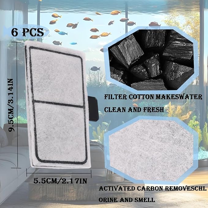 6 pcs Filter Cartridges Compatible 3.7x2.1 Inch Fish Tank Filter Cartridge Replacement for Aquarium Water Filtration with Zeolite