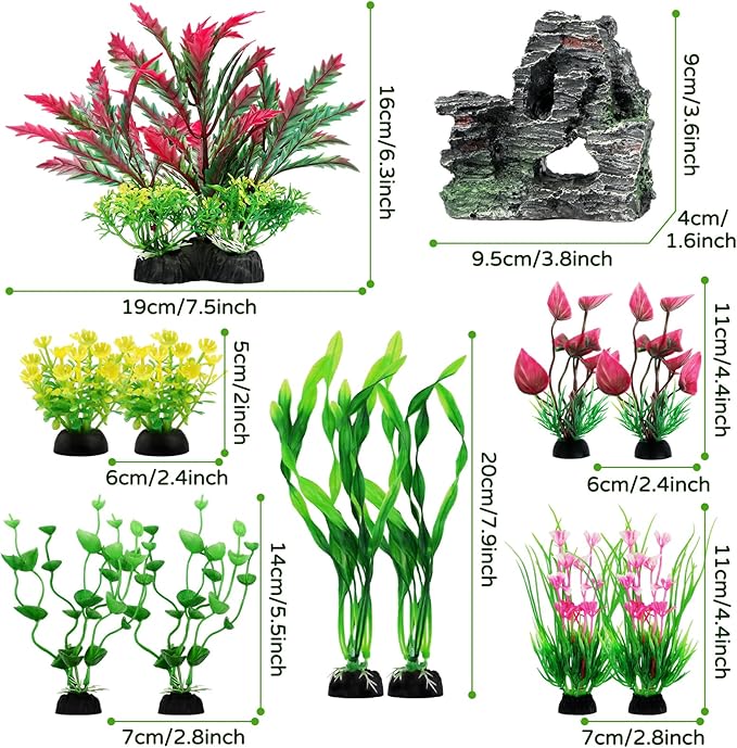 QUOZUO Fish Tank Accessories Aquarium Plants, 12pcs Colorful Fish Tank Artificial Plants and Cave Rock Decor Set, Aquarium Decorations Plants