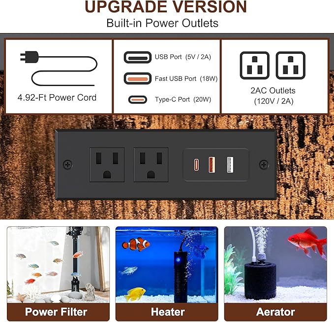 TQVAI 50-75 Gallon Fish Tank Stand with Power Outlets, Heavy Duty Aquarium Stand with Cabinet Storage Fish Tank Accessories, Large Reptile Terrarium Tank Stand, Black/Vintage