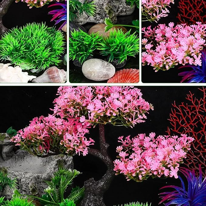 Aquarium Artificial Plants Decor, Cherry Blossom Tree with Grass Set, Pink Plastic, 9.44x3.54x2.75 Inches, for Nature Underwater Landscape (Light Green)