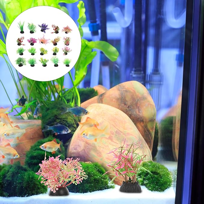 Ipetboom 20pcs Fish Tank Decorations Set Aquarium Plants, Colorful Artificial Decor - Mini Plastic Water Plants Grass Accessories for Beta Goldfish Turtle, Random Color
