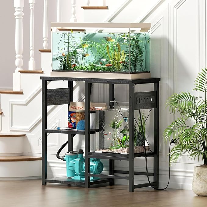 GRLEAF 20-30 Gallon Fish Tank Stand with Power Outlets, 4 Tier Metal Aquarium Stand with Wood Storage Shelves, 30.7" L x 13.8" W x 30.3" H Turtle Reptile Fish Tank Table Aquarium Table - Black